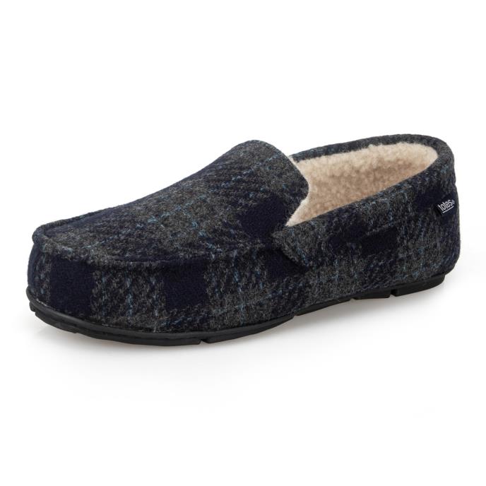 totes toasties® Mens Check Moccasin With Curly Fur Lining Navy Check Extra Image 3